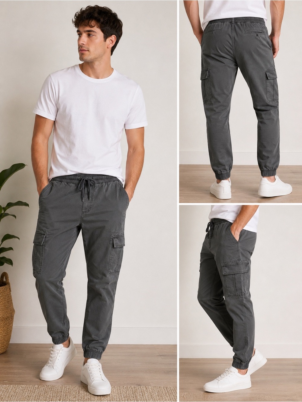 Men’s Small Gray Pull-On Cargo Jogger Pants Stretch Cotton Elastic Waist Size S